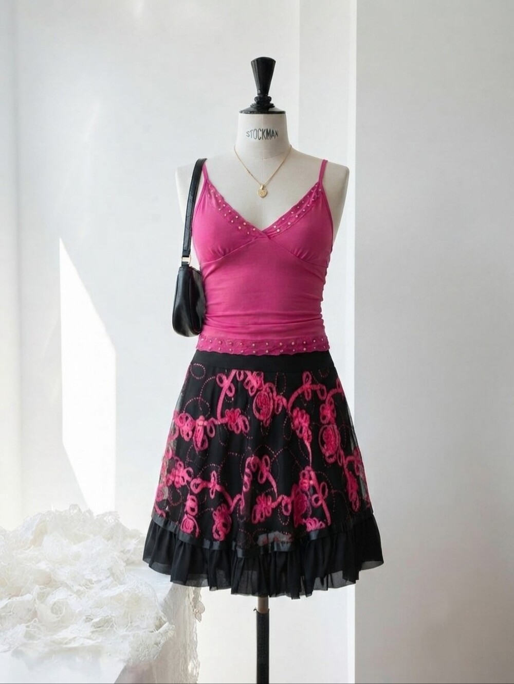 Vintage Black A-Line Skirt with Pink Floral Embroidery